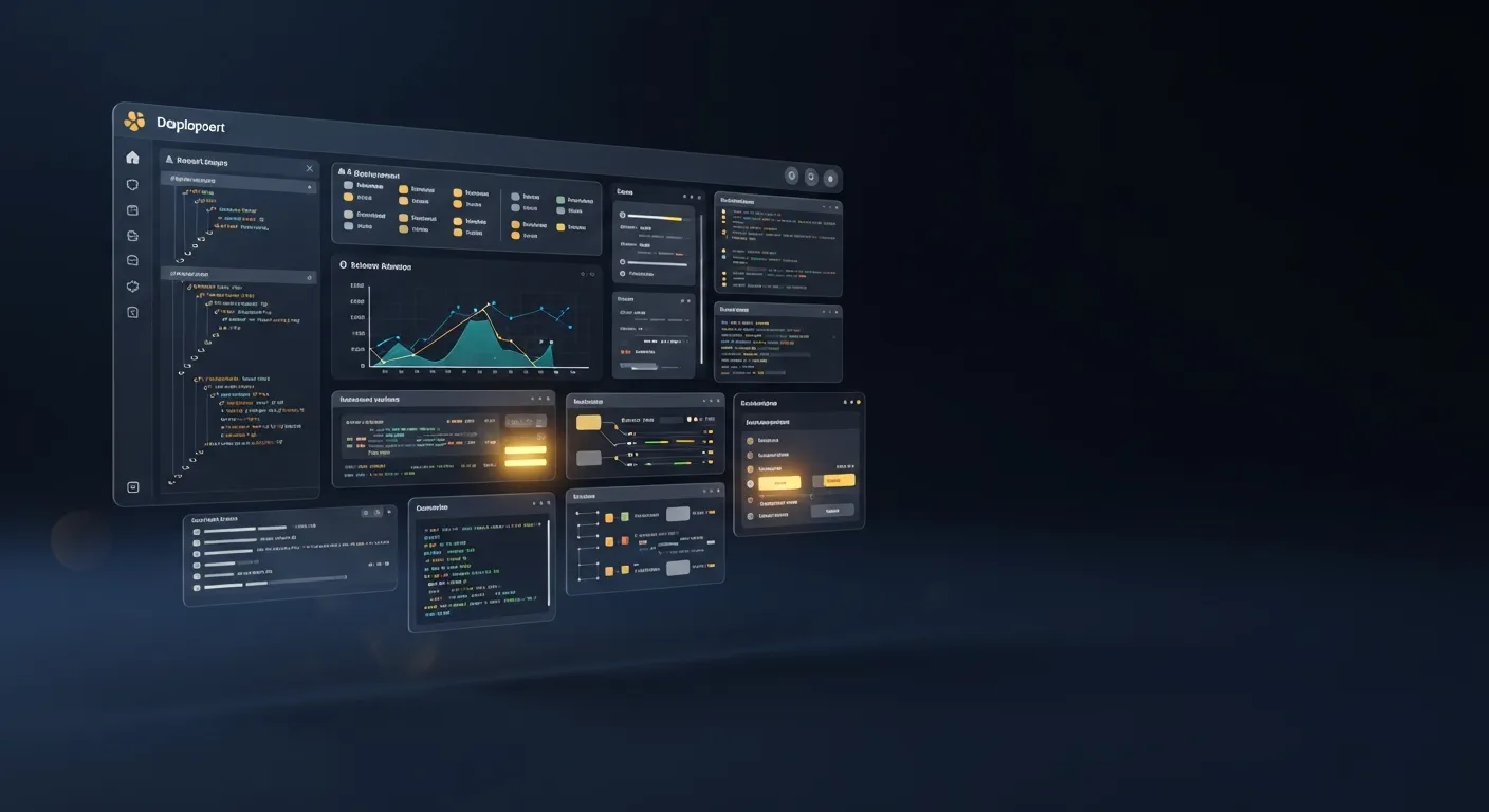Stylized dark developer dashboard floating in deep navy space with gold accents — abstract code panels, deployment status indicators, and routing graphs suggesting an AI deployment console.