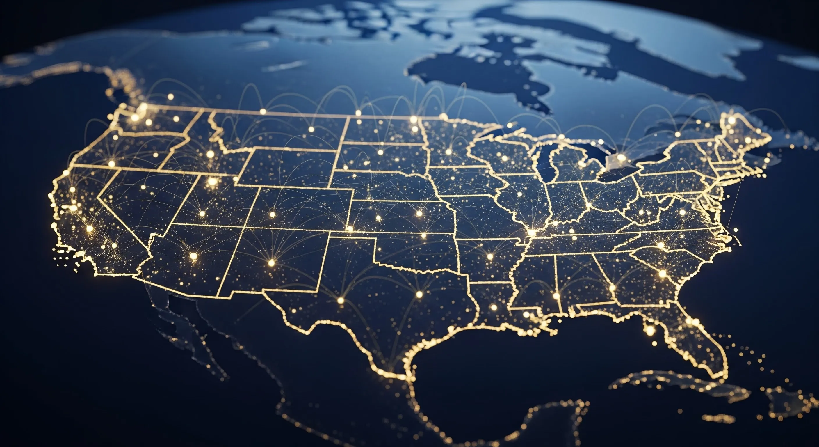 Stylized map of the United States rendered in deep navy with roughly 100 glowing gold dots representing edge data centers, connected by a faint mesh of gold network lines.