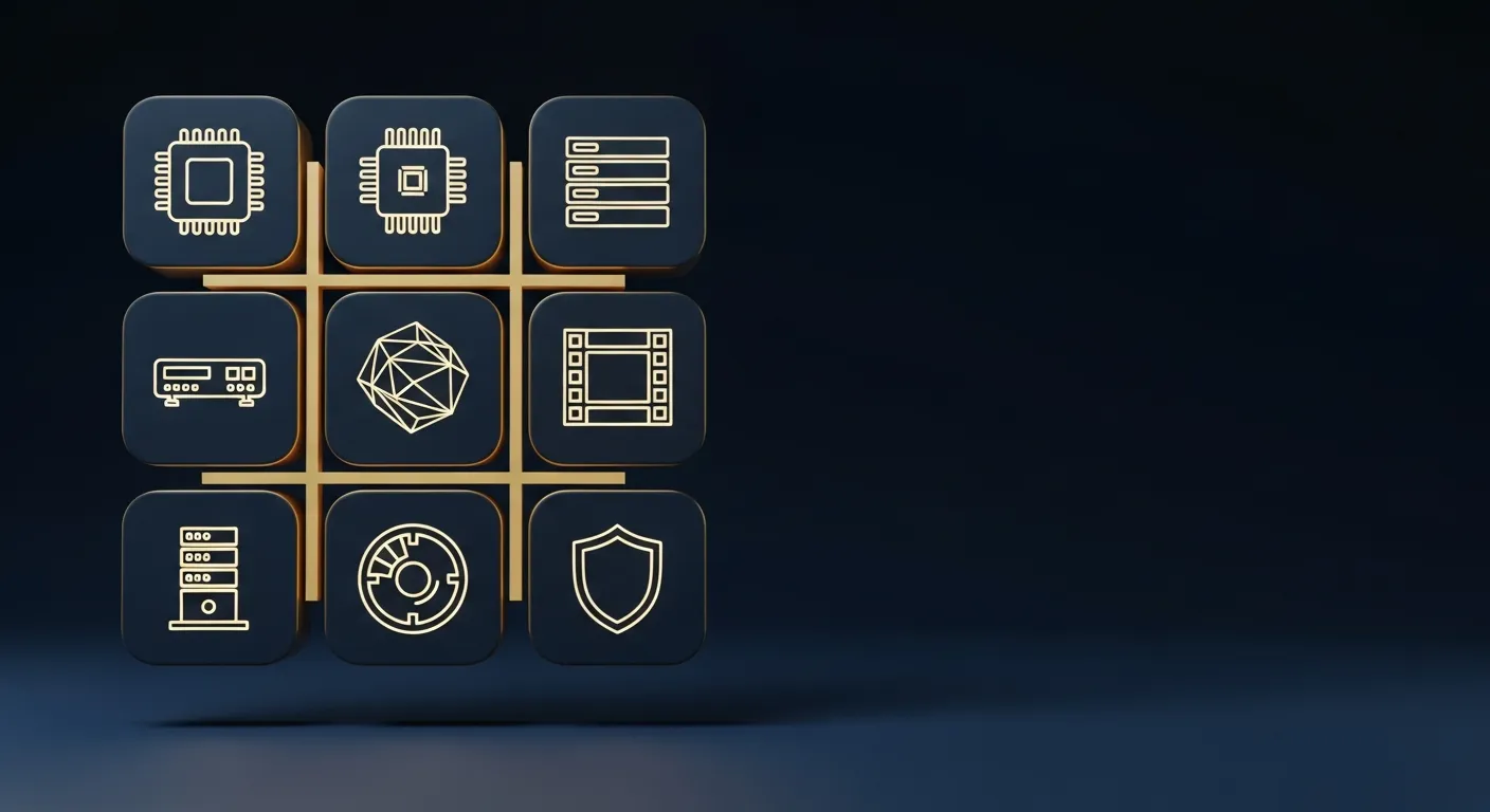A 3x3 grid of nine isolated, glowing silicon-module tiles floating in deep navy space, each with gold edge-lighting and stylized internal circuitry, woven together by thin gold lines suggesting a unifying control fabric.