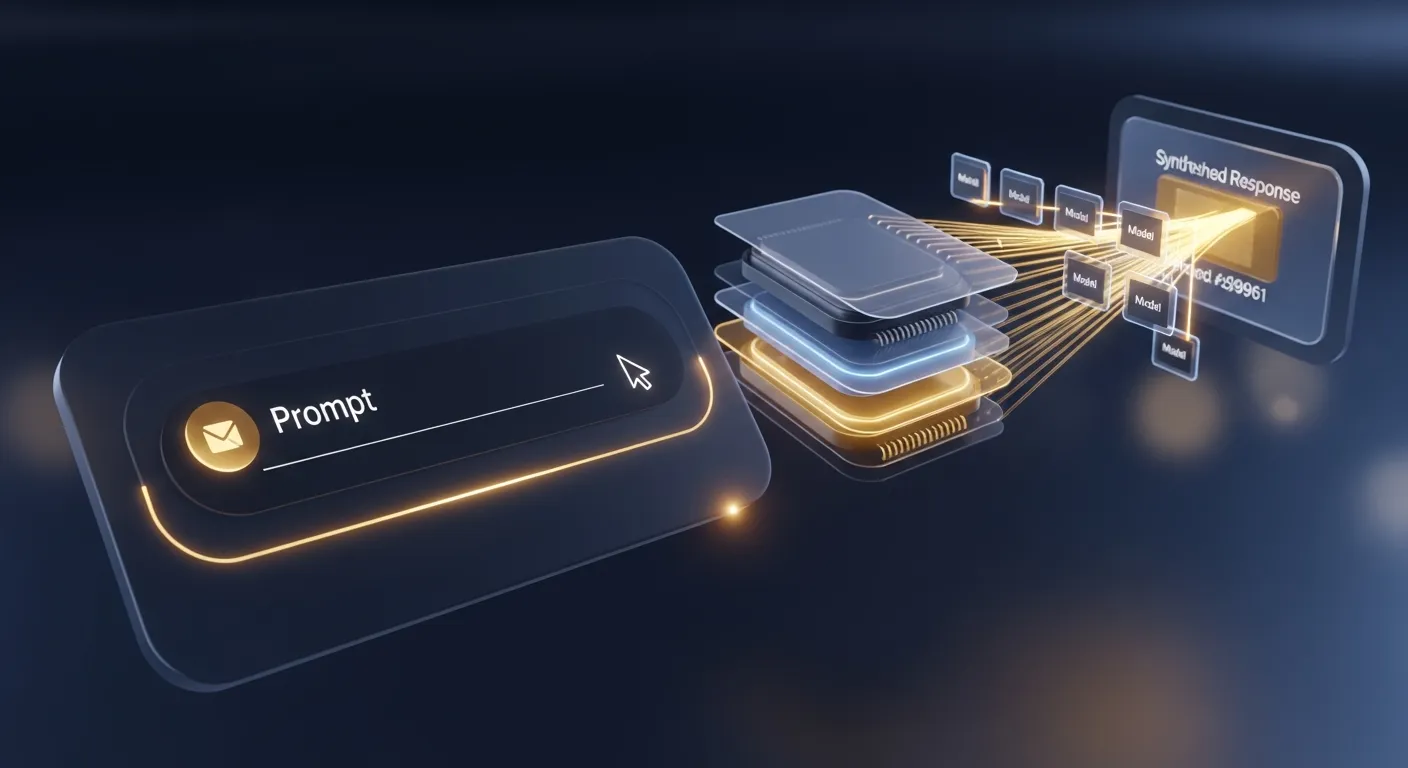 Stylized AI inference console floating in deep navy space — a glowing gold prompt bar in the foreground with a translucent inference engine behind it fanning gold light beams across parallel model cards and converging into a single synthesized response.