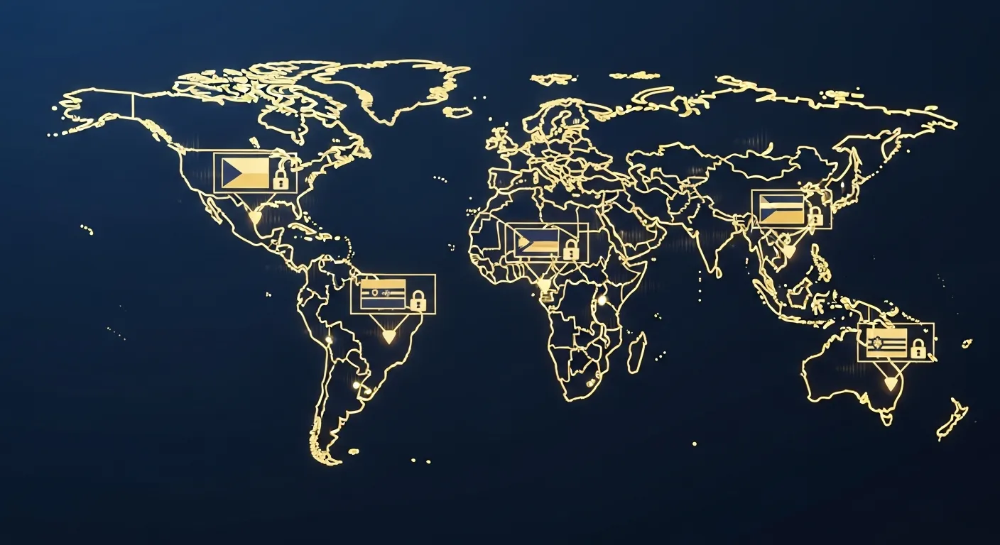 Stylized world map of luminous gold thin-line continents on a deep navy background, with several sovereign jurisdictions outlined in gold borders and small abstract flag-and-seal emblems anchored inside each region, suggesting data stays within its jurisdiction.