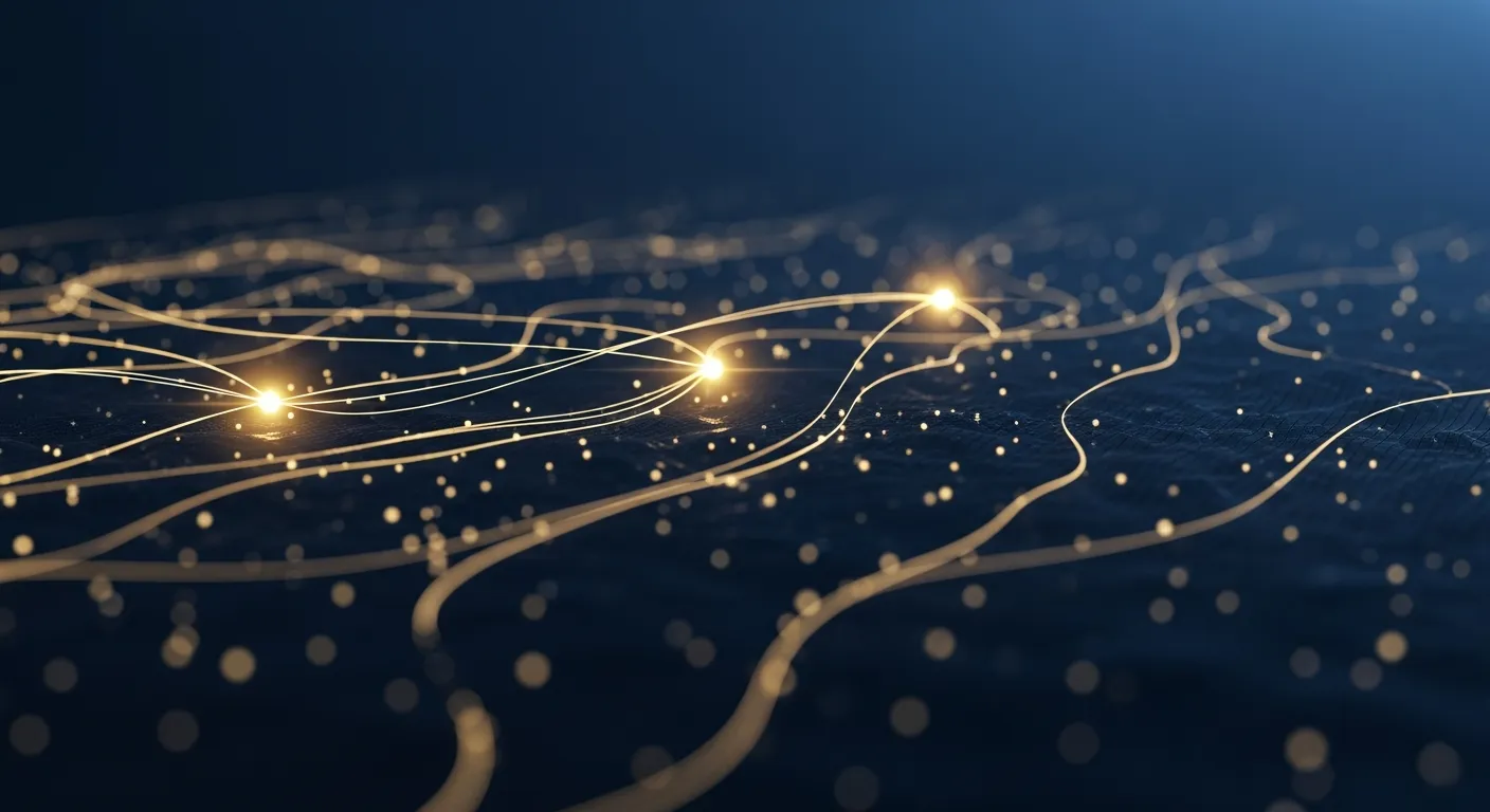 Abstract distributed network fabric in deep navy with glowing gold nodes and arcing light paths, suggesting routed inference across an edge compute network.
