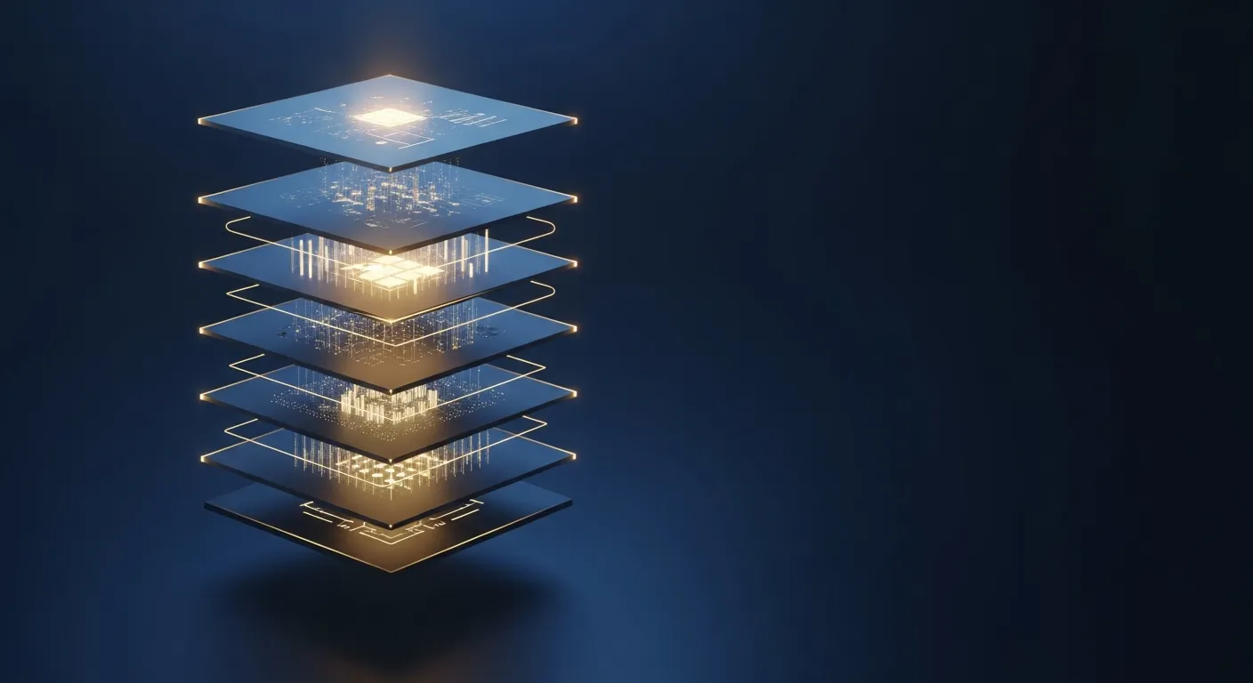Stylized isometric stack of nine translucent planes floating in deep navy space with soft gold edge lighting and thin gold beams connecting adjacent layers, suggesting data flow across an AI infrastructure fabric.