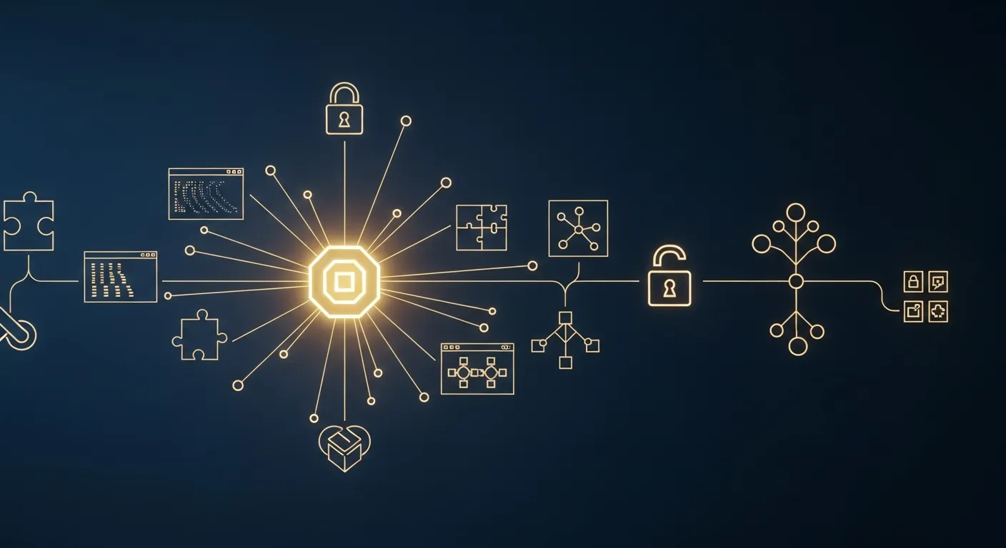 A glowing gold protocol hub floating in deep navy space, radiating thin gold connection lines in a branching git-graph pattern out to abstract tool cards — terminals, puzzle pieces, branching nodes, and an open padlock — suggesting open standards and interoperable tools.